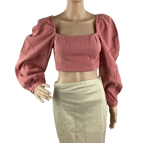 Free People Tops - Free People Marley Denim Top Rose Smoke Pink Puff Sleeve Size 4